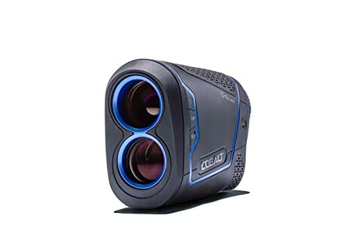 Golf rangefinder device with dual lenses and blue accents.