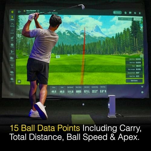 Person using indoor golf simulator with data points displayed.