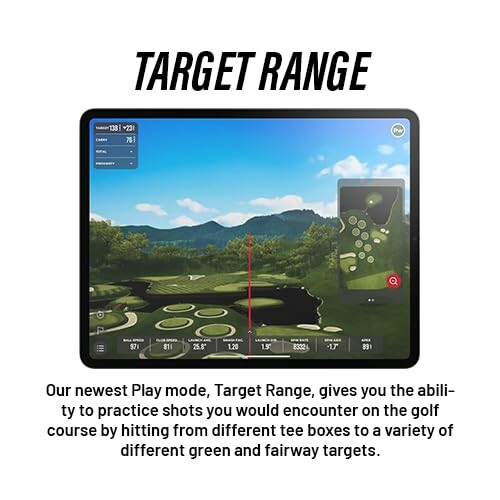 Golf simulator screen displaying target range mode with scenic landscape