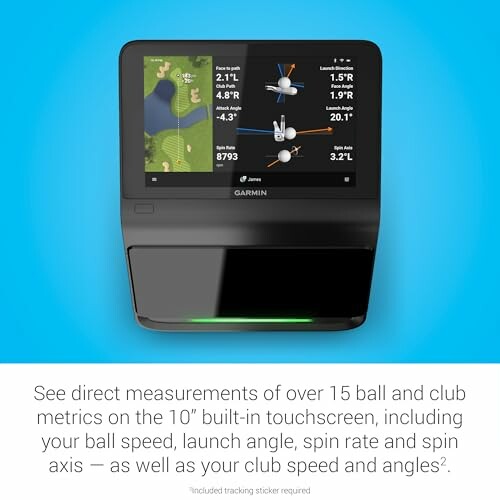 Golf simulator with 10-inch touchscreen displaying ball and club metrics.