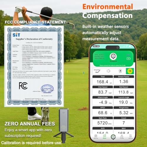 Golf swing analyzer with real-time data on smartphone display.