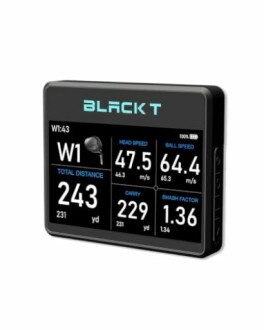 Golf swing analyzer device displaying various metrics like head speed, ball speed, and total distance.