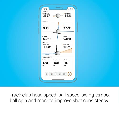 Smartphone displaying golf swing tracking app with various speed and spin metrics.