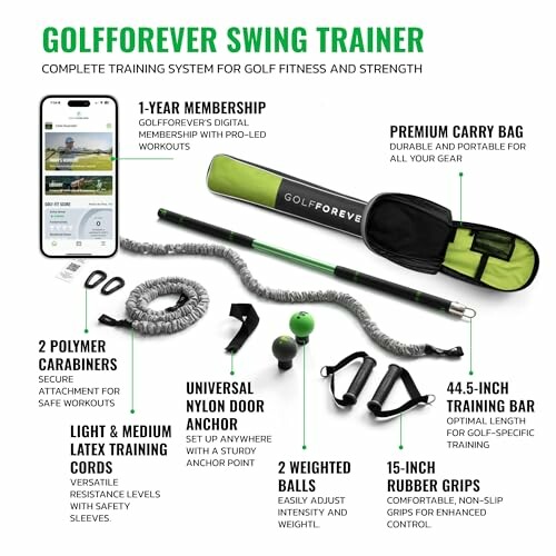 GolfForever swing trainer with accessories and membership details.