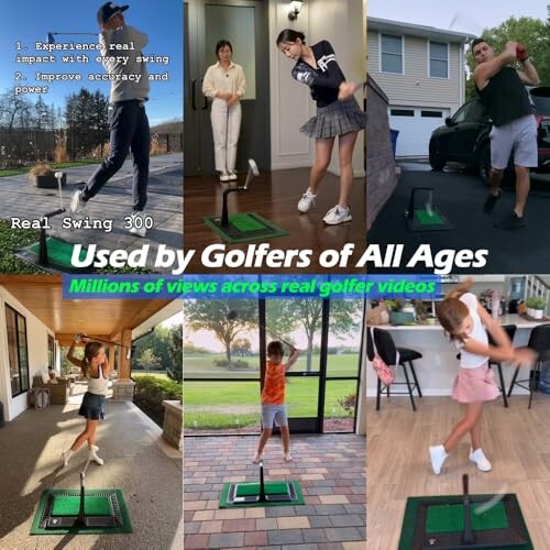 Collage of people using a golf swing trainer, highlighting its use by various ages.