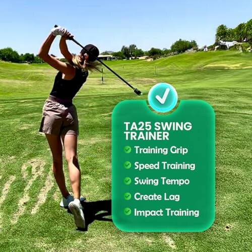 Person practicing golf swing with swing trainer features listed.
