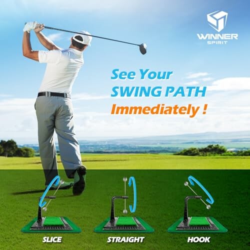 Golfer using a swing training aid on a golf course.