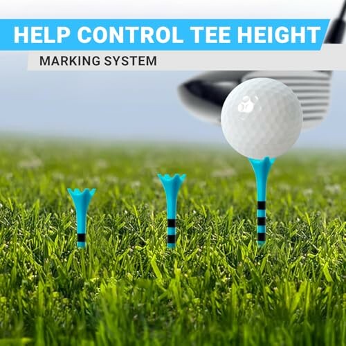 Golf tees with height control markings and golf ball on grass.