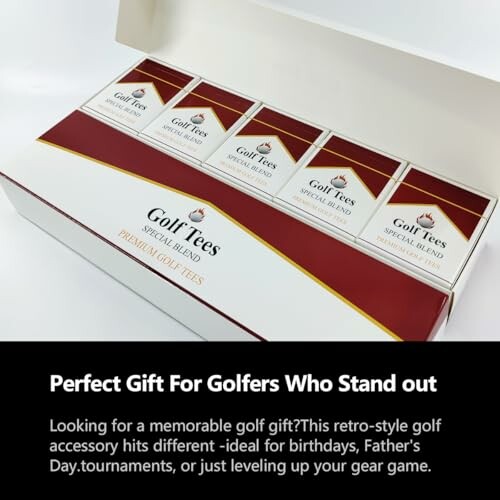 Box of premium golf tees with gift message.
