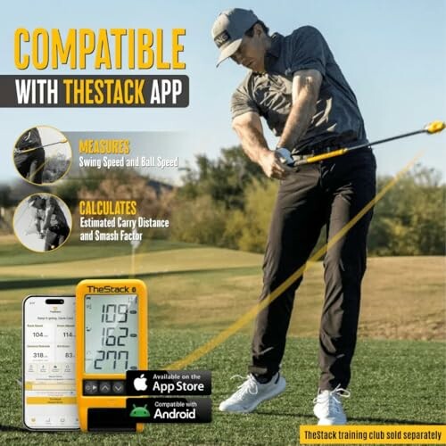 Golfer using TheStack app for swing analysis with smartphone compatibility.