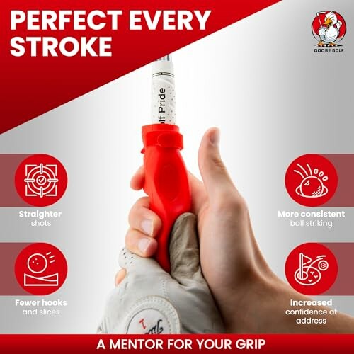 Golf grip training aid for perfect strokes with benefits highlighted.