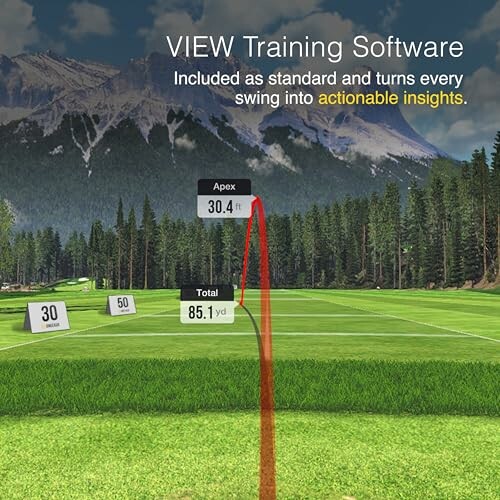 Golf training software display showing shot trajectory and statistics.