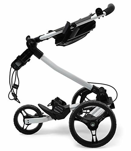 Golf trolley frame with wheels and handle.