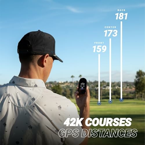Golfer using GPS device on course with distance markers.