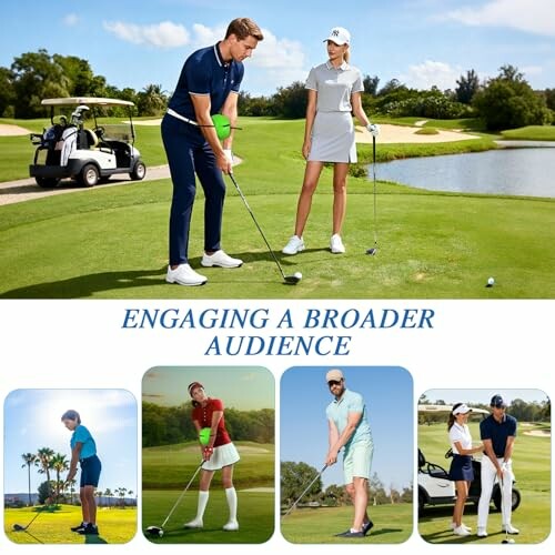 Golfers playing on a scenic golf course with a cart and lush landscape.