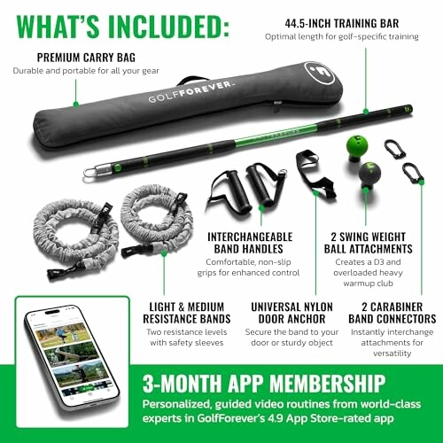 Golf training kit contents including carry bag, training bar, resistance bands, swing balls, and app membership.