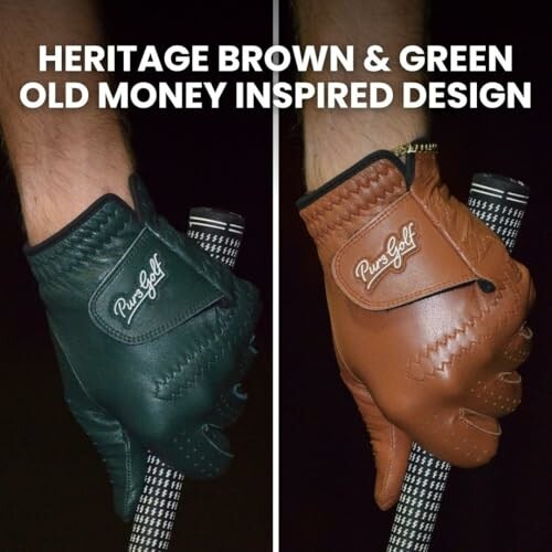 Two golf gloves in green and brown with old money inspired design.