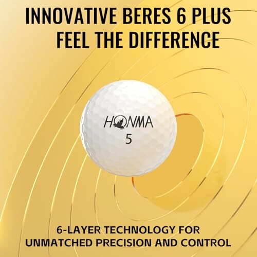 Honma Beres 6 Plus golf ball with text highlighting precision and control, demonstrating the golf ball's advanced features and benefits.