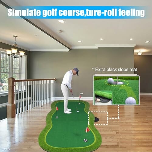 Person using an indoor golf putting mat in a room.