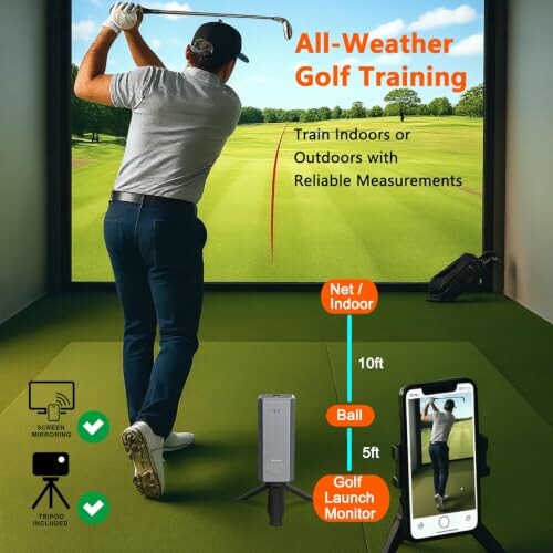 Indoor golf training setup with a golfer swinging in front of a screen.