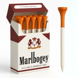 Box of Marlbogey bamboo golf tees with an orange and white tee displayed.