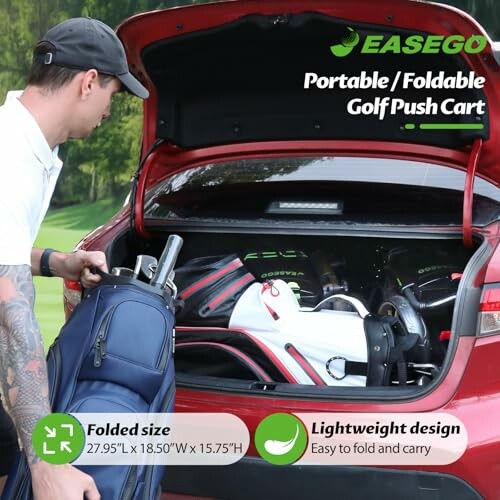 Man loading golf bag and foldable golf push cart into car trunk.