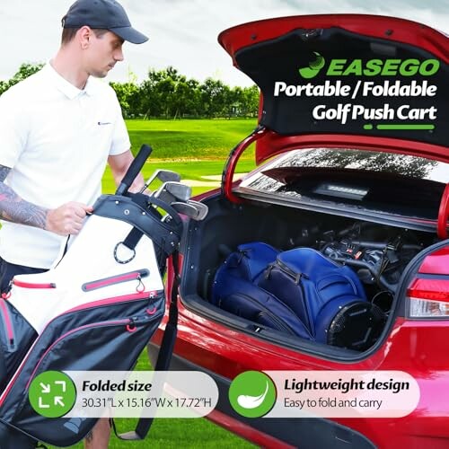 Man loading a portable foldable golf push cart into a car trunk.