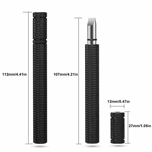 Black metal utility knife with measurements.