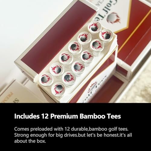 Box of 12 premium bamboo golf tees with text description.
