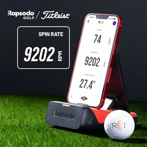 Rapsodo golf device measuring spin rate with smartphone display.
