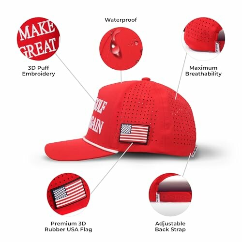 Red cap with features: embroidery, waterproof, breathability, USA flag, adjustable strap.