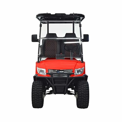 Front view of a red golf cart with black roof and tires.