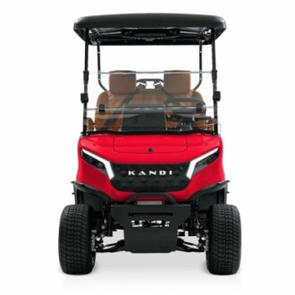 Front view of a red golf cart with a black canopy.