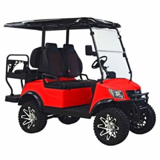 Red off-road golf cart with black seats and roof.
