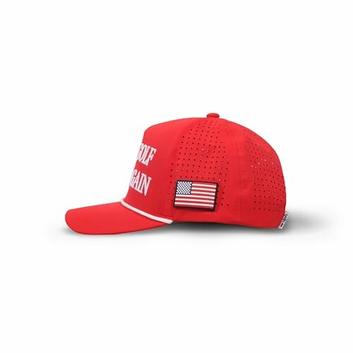 Red trucker hat with USA flag patch and text.