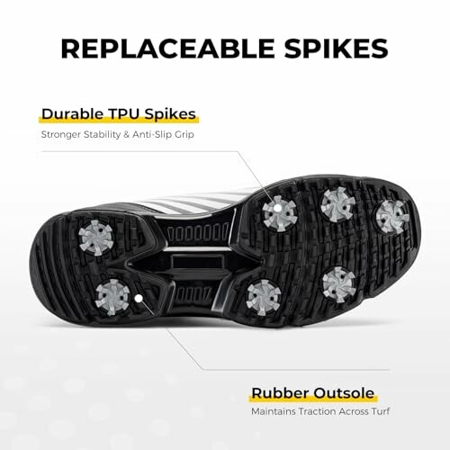 Shoe outsole with replaceable TPU spikes and rubber outsole for traction.