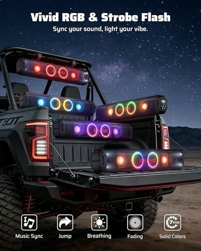 Truck with RGB and strobe flash speakers at night.