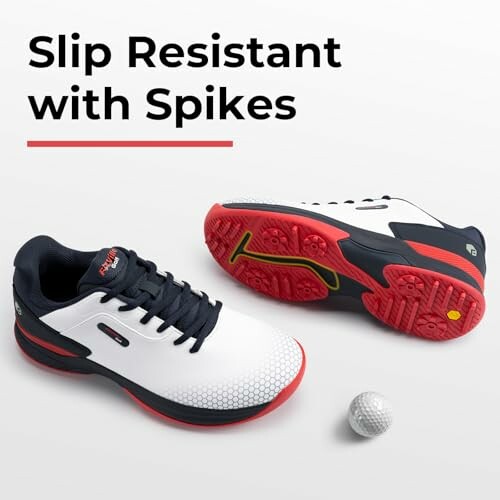 Slip resistant golf shoes with spikes and golf ball.