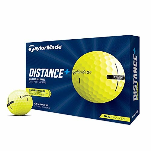 TaylorMade Distance Plus yellow golf balls with packaging.