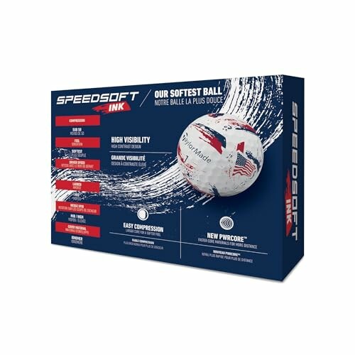 TaylorMade Speedsoft golf ball packaging displaying features and branding.