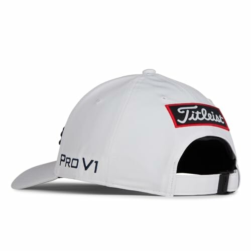 White Titleist Pro V1 golf cap with red and black logo on back