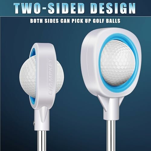 Two-sided golf ball picker design with golf ball.