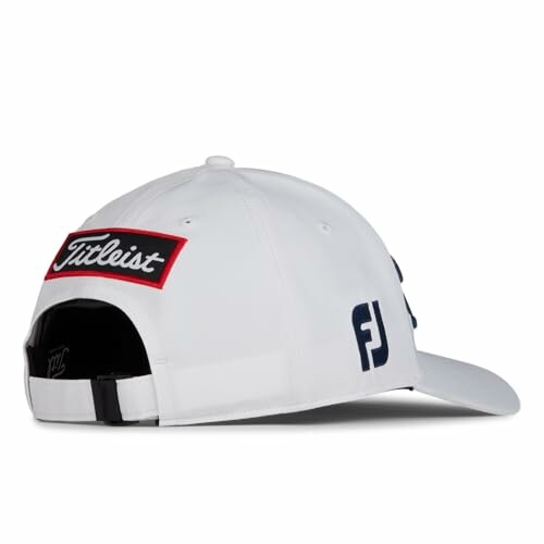 White Titleist golf cap with logos on the back and side