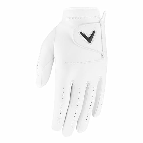 White golf glove with black logo on the back